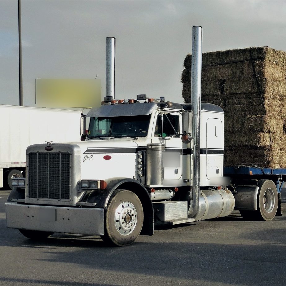 Classic long-nose Peterbilt with tall stacks pulling a flatbed trailer loaded with hay bales